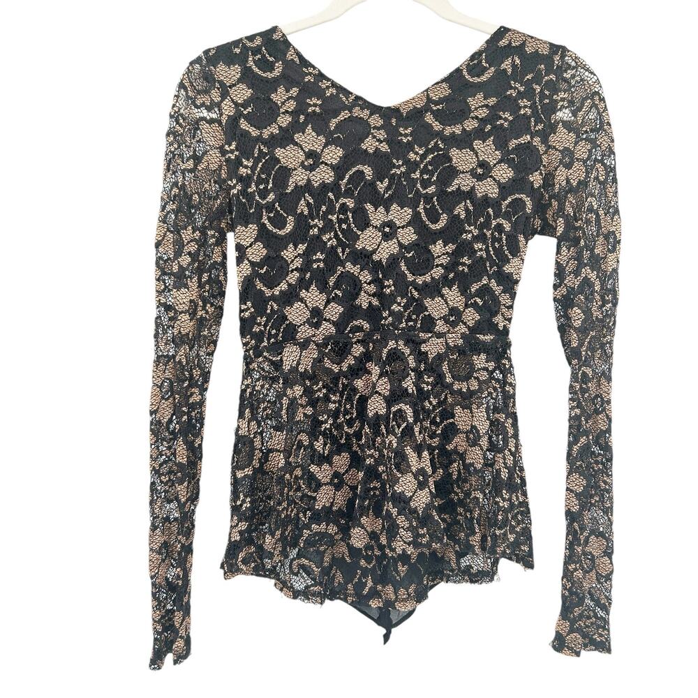Womens Vampy Whimsigoth Dark Back Bow Lace Floral Long‎ Sleeve Peplum Top Black